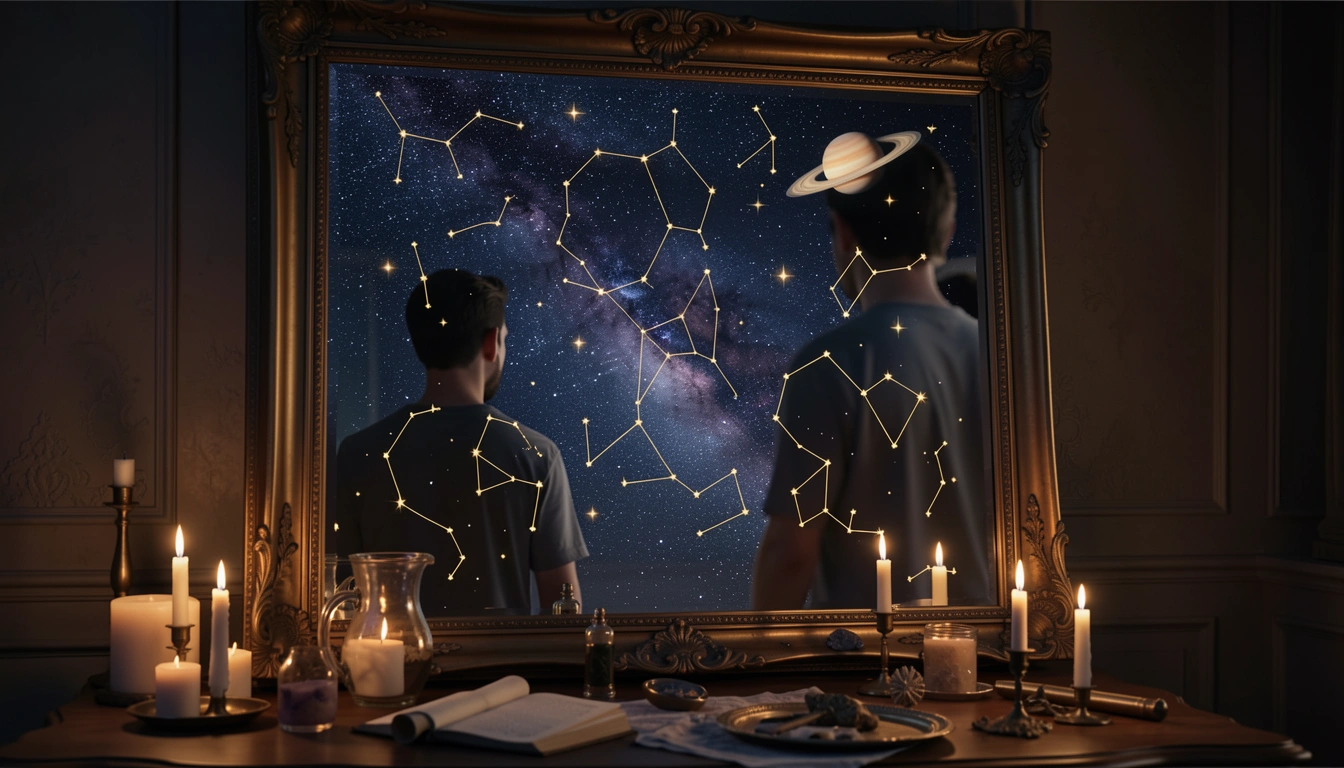Person reflected in a mirror showing a starry sky instead of the room