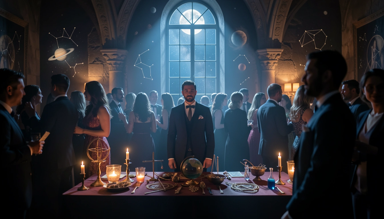 Person standing apart at a party, lit by moonlight through a window