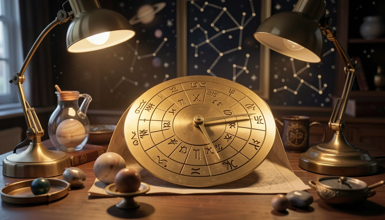 Brass zodiac wheel with a pointer at a specific degree mark, lit by a desk lamp