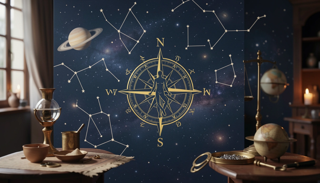 Golden compass rose with celestial symbols on a dark blue background