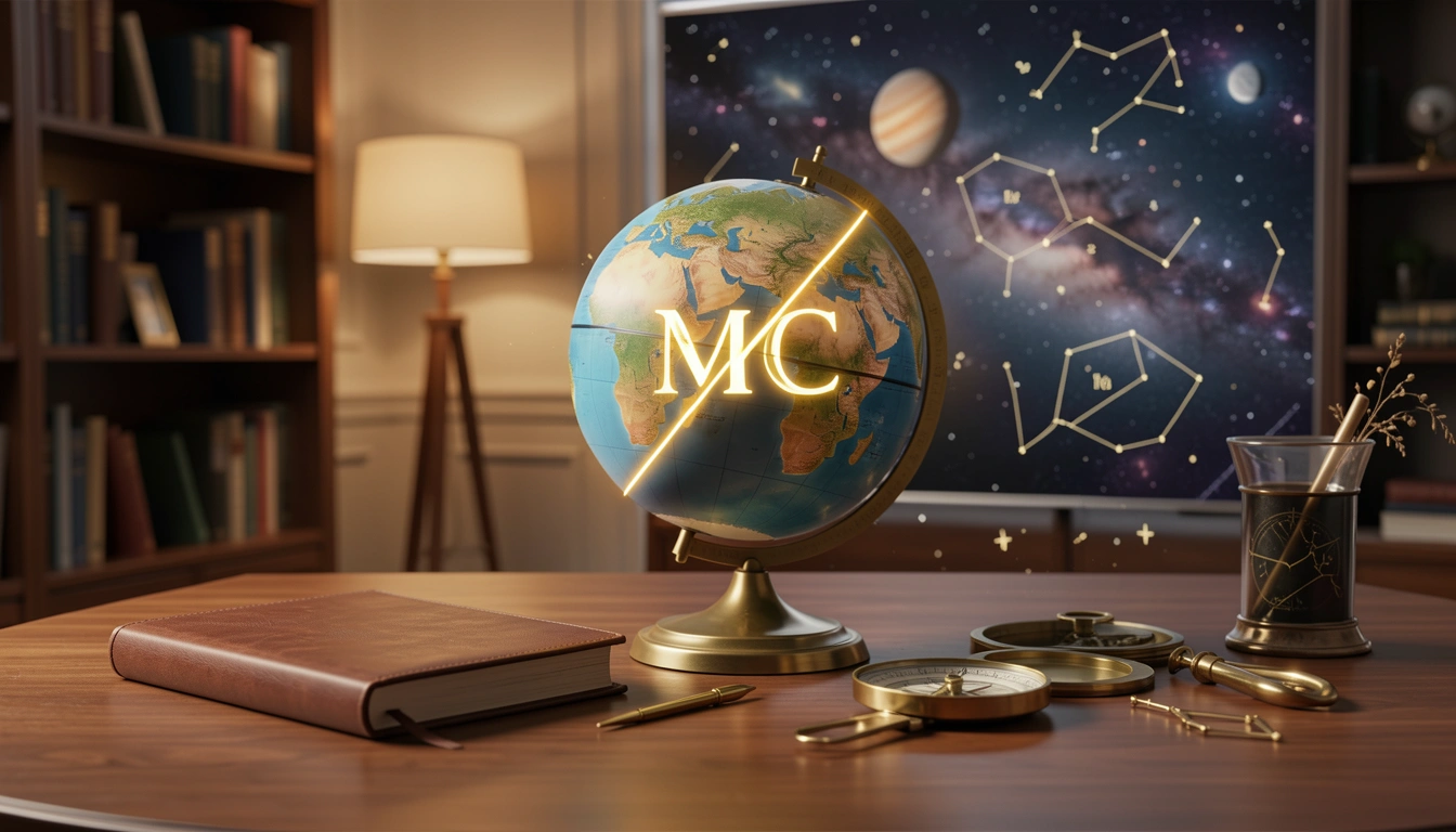 Professional desk with globe and glowing MC line