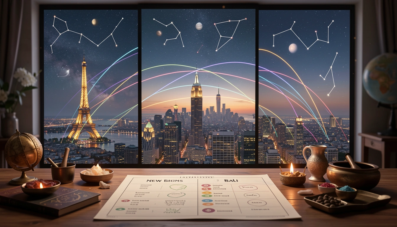 Three city skylines with planetary lines and comparison chart