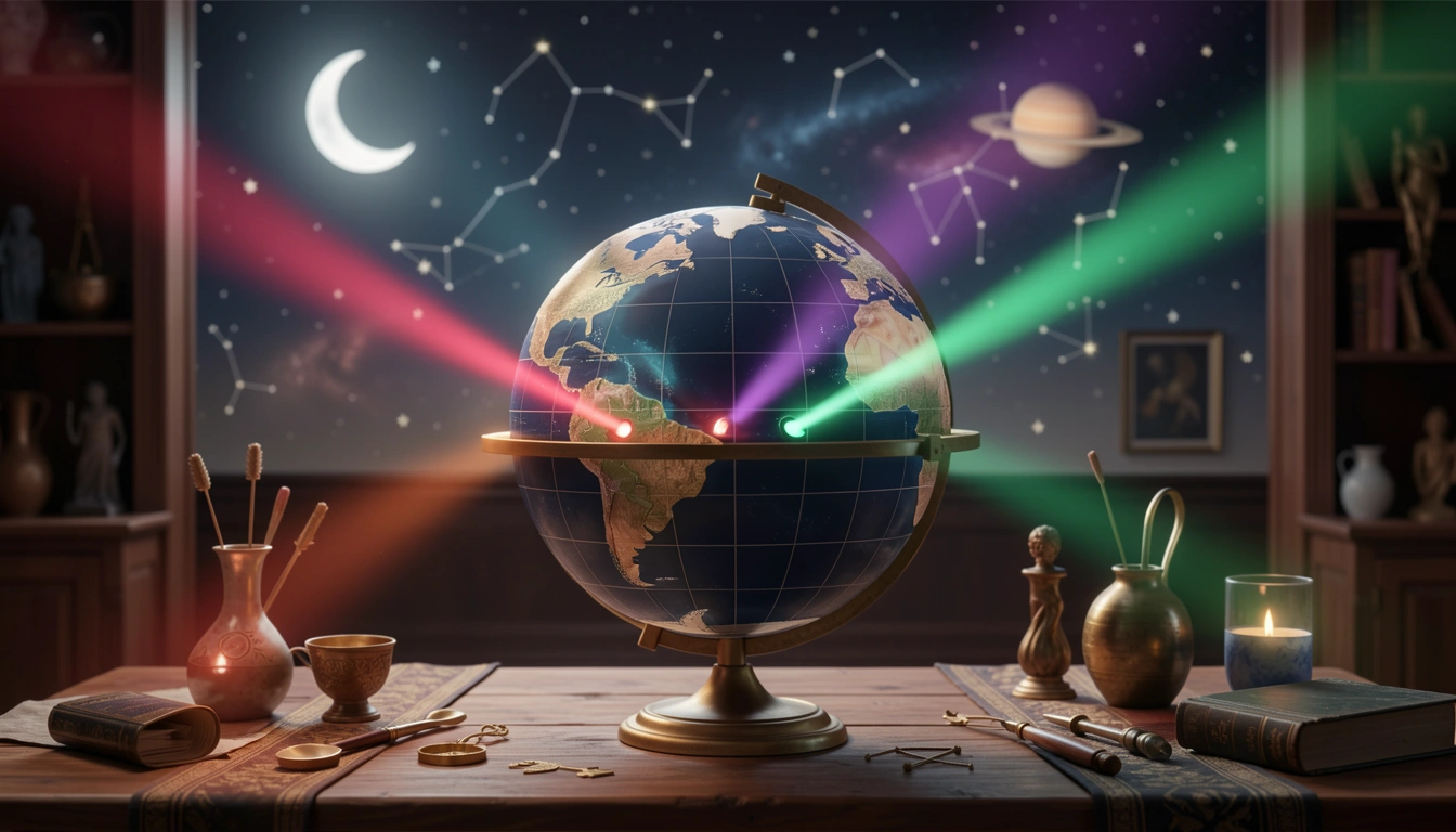 3D globe with planetary angle lines projecting to the horizon