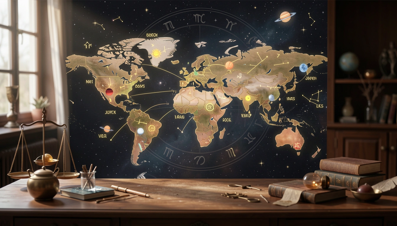 World map with labeled planetary and angle lines
