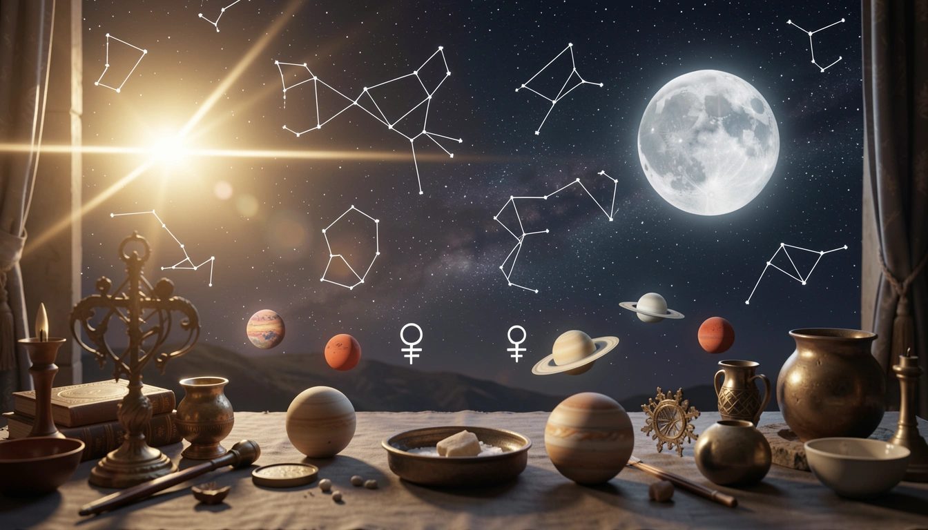 Night sky with Sun and Moon lines and planet symbols