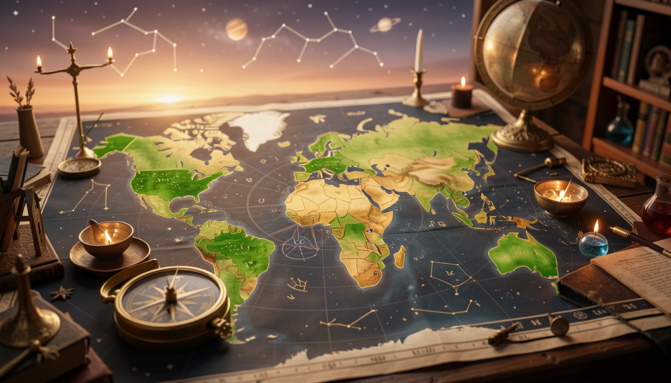 World map with highlighted regions and compass rose