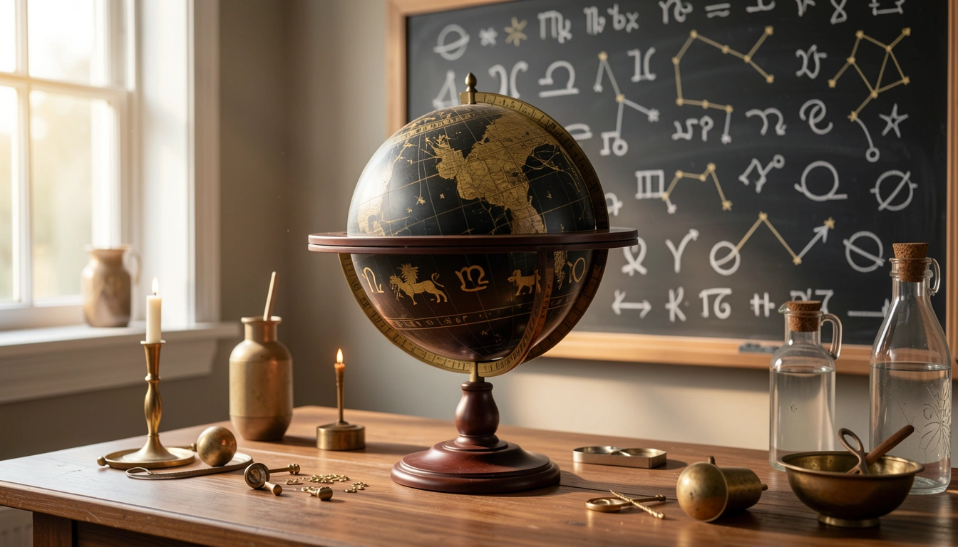Celestial globe with zodiac symbols and chalkboard of astrological glyphs representing editor's expertise