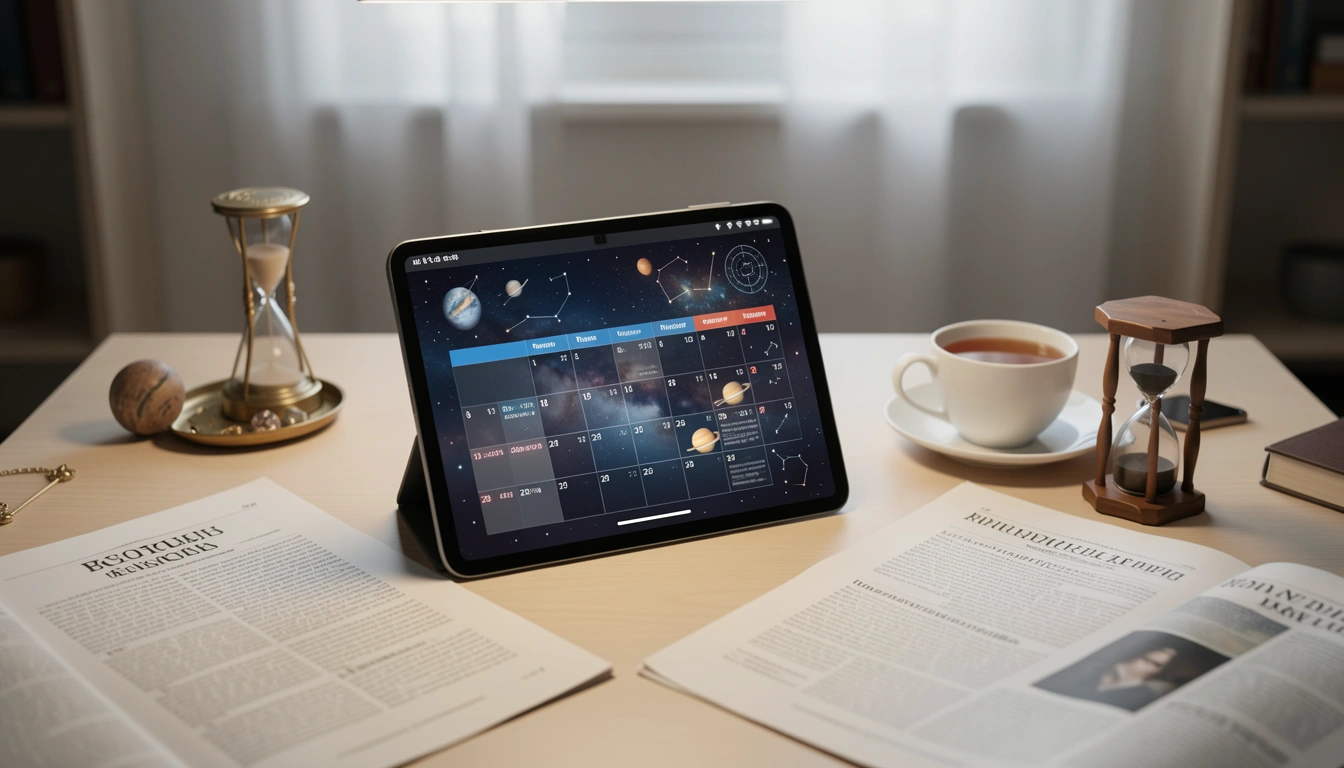 Tablet with editorial calendar and printed articles, symbolizing content review and update process