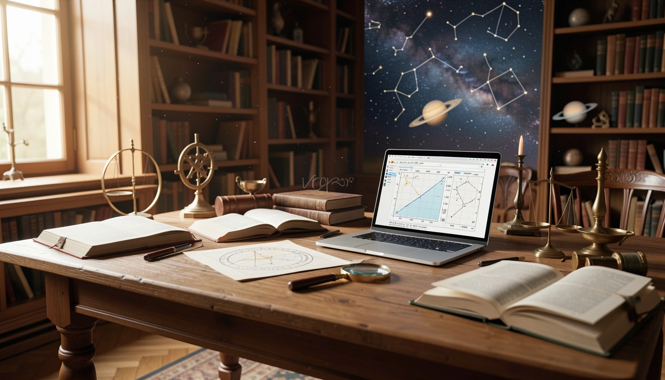 Library table with open astrological books, star charts, magnifying glass, and laptop showing ephemeris
