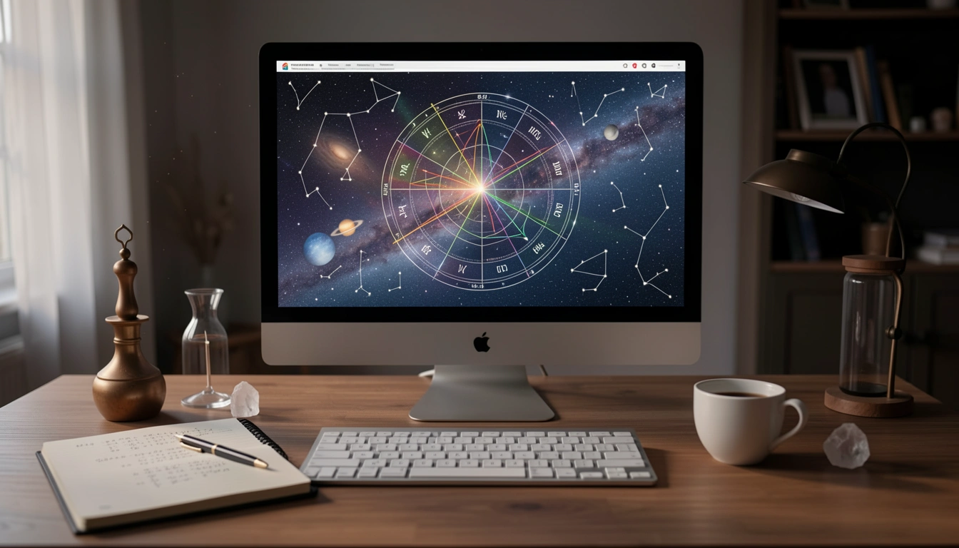 Computer screen with birth chart wheel and notebook with astrological calculations