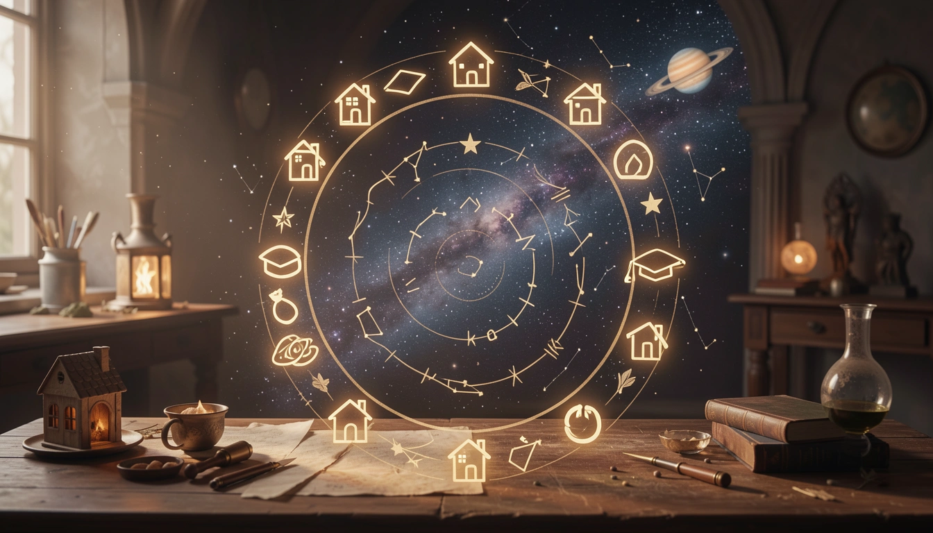 Spiral timeline of annual profection cycles with life milestone icons from childhood to old age