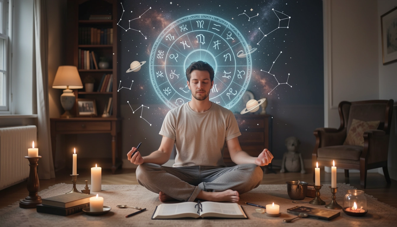 Person meditating with journal and zodiac wheel for personal growth using annual profections