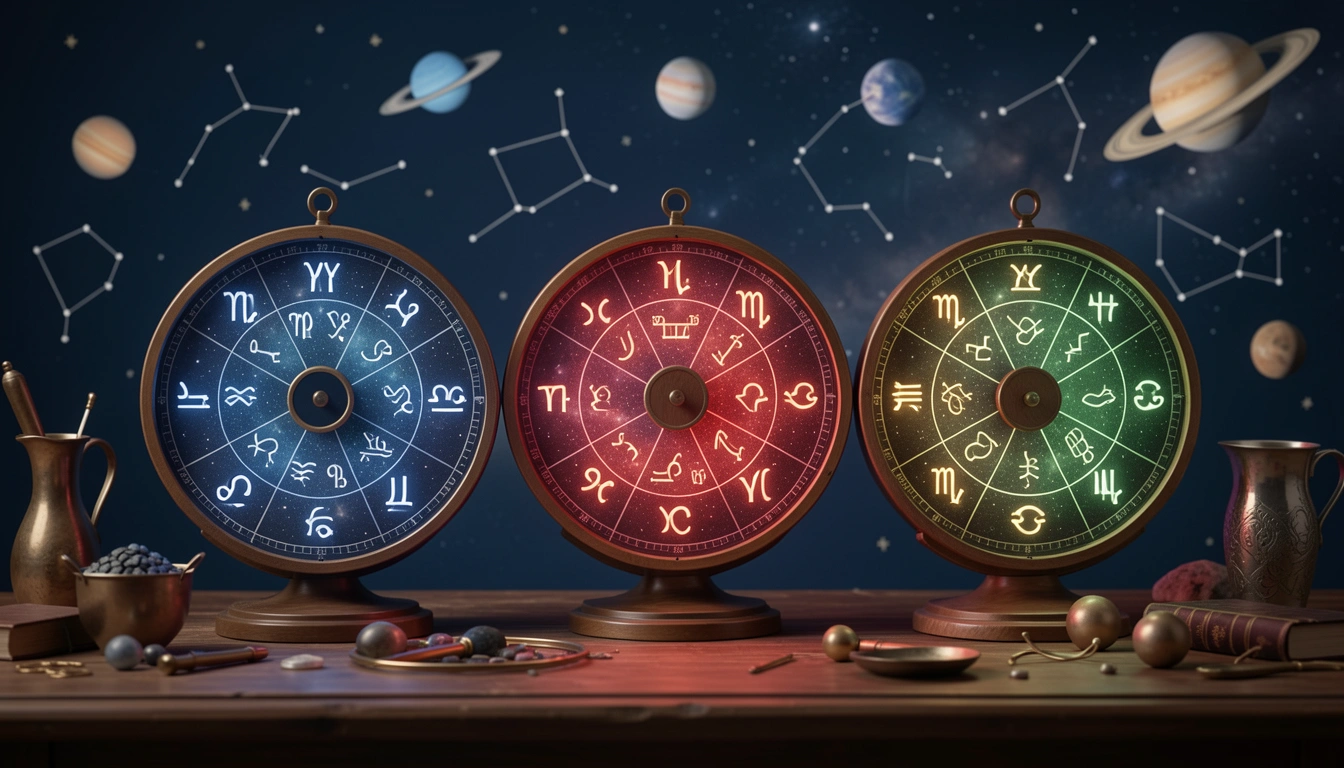 Three illuminated horoscope wheels showing different activated houses for annual profection examples