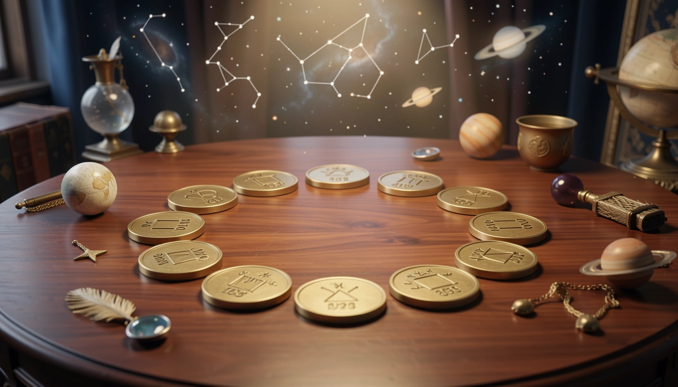 Twelve brass tokens with house numbers and symbols arranged in a circle on wooden table