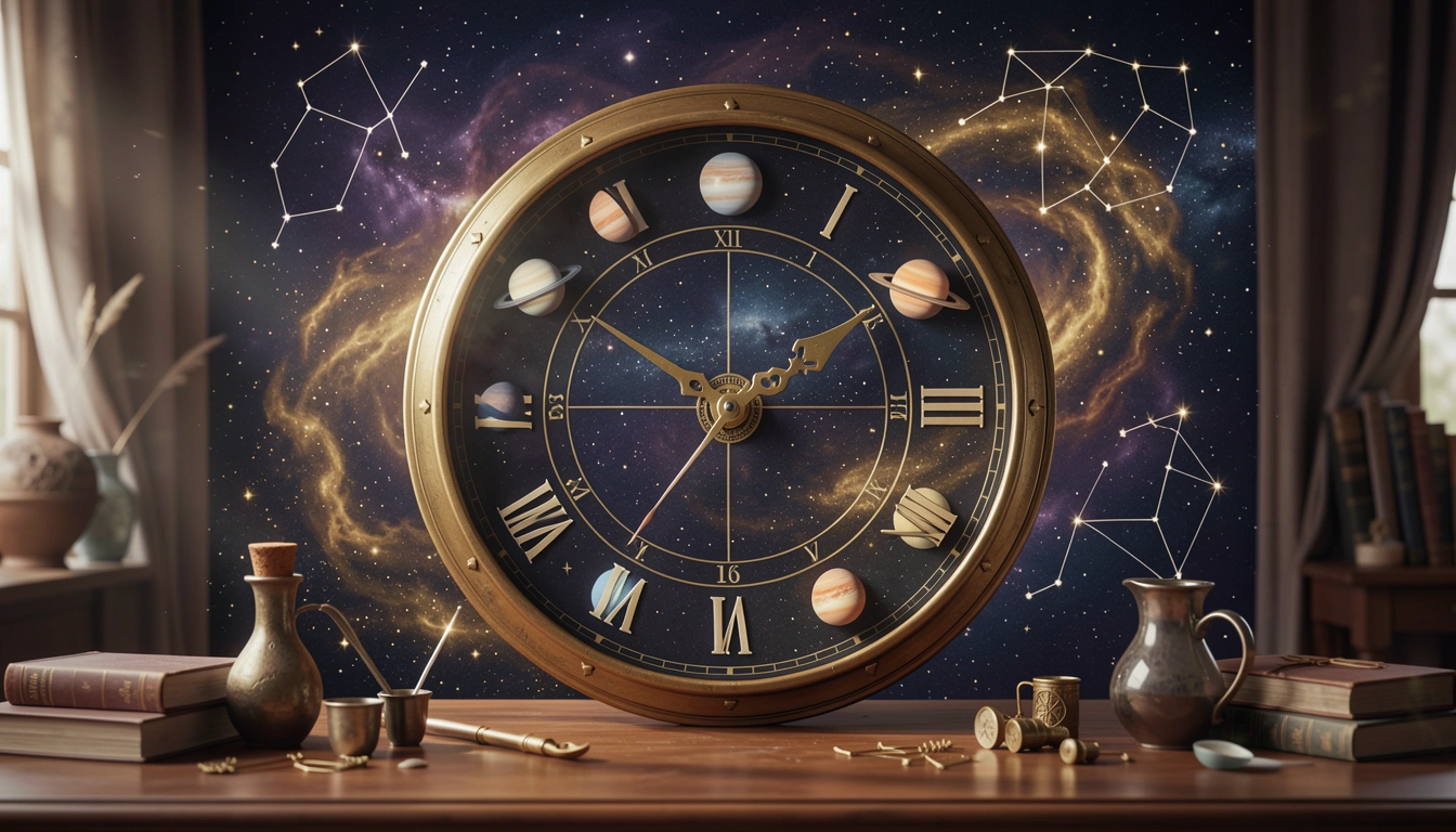 Celestial clock face with planetary hour markers and golden hand pointing to Time Lord planet