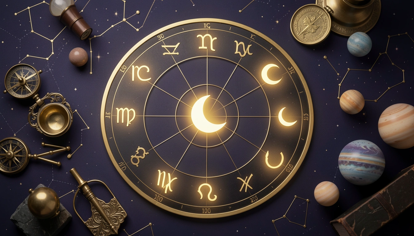 Zodiac wheel with moon icons at different positions emitting golden light