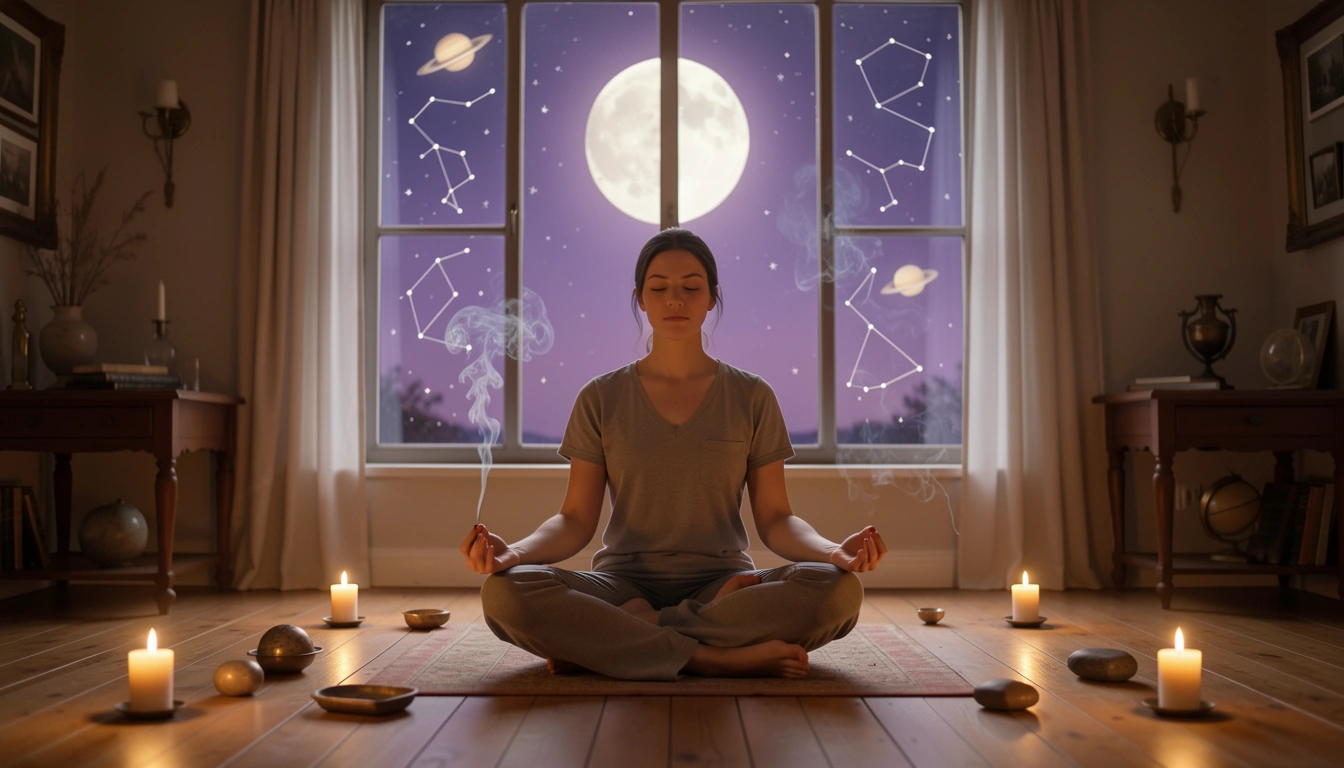 Person meditating in lotus position with a full moon visible through a window