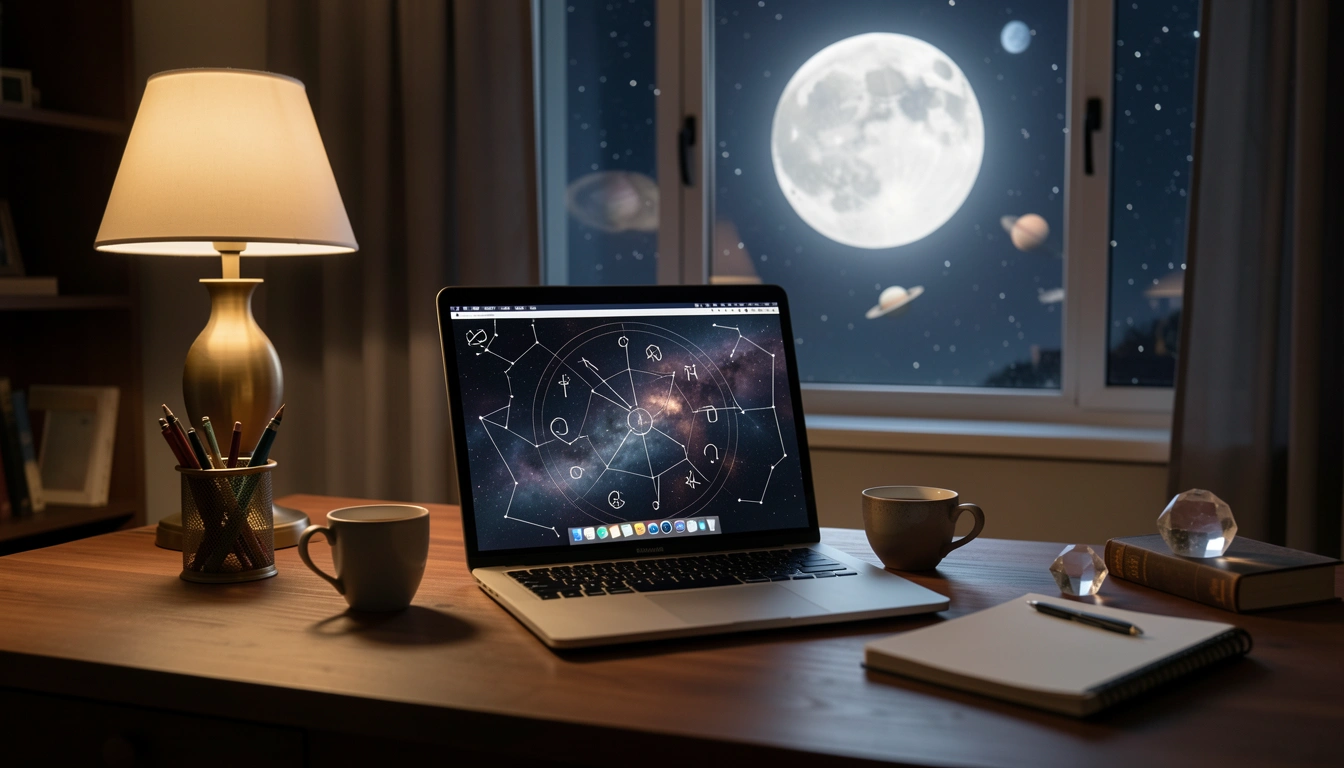 Nighttime workspace with a laptop and full moon visible through the window