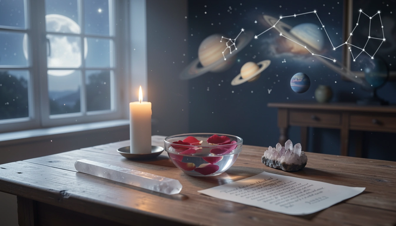 Full moon altar with candle, crystals, bowl of water, and written intentions