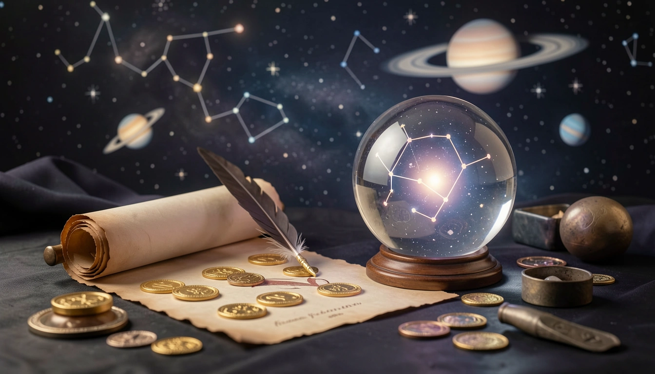 Parchment scroll with gold seals and a glowing crystal ball
