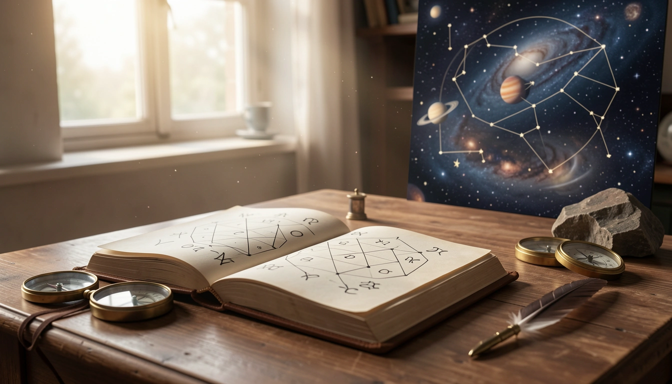 Open leather book with astrological symbols and brass compass