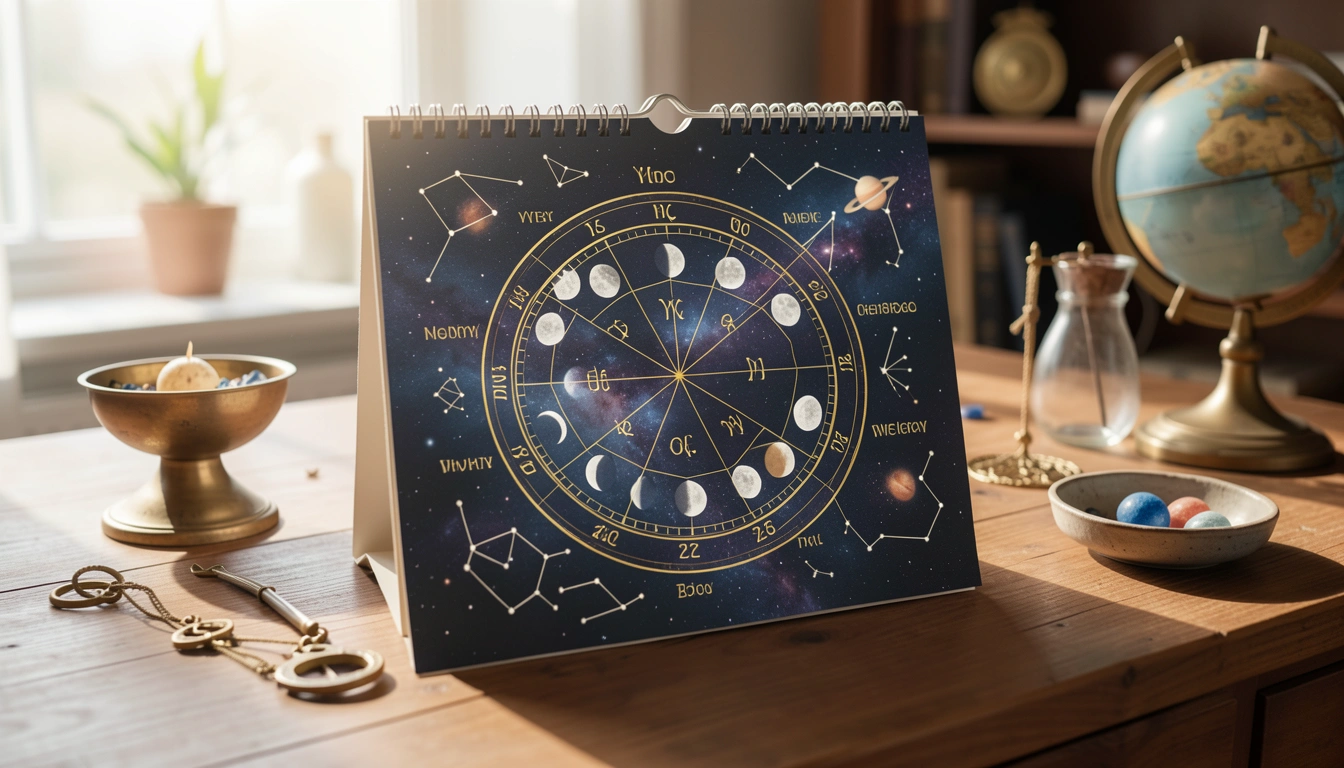 Calendar with astrological wheel and moon phases