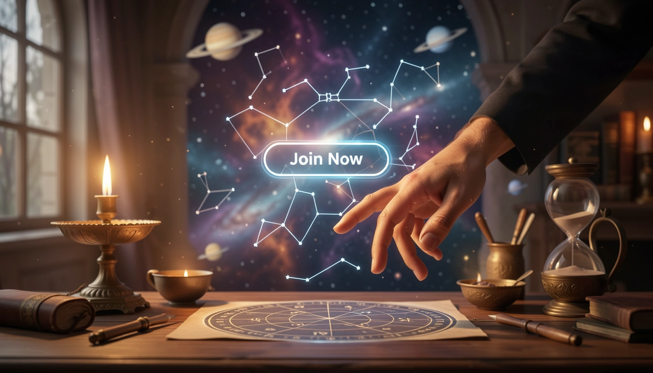 Hand reaching toward glowing 'Join Now' button with cosmic background