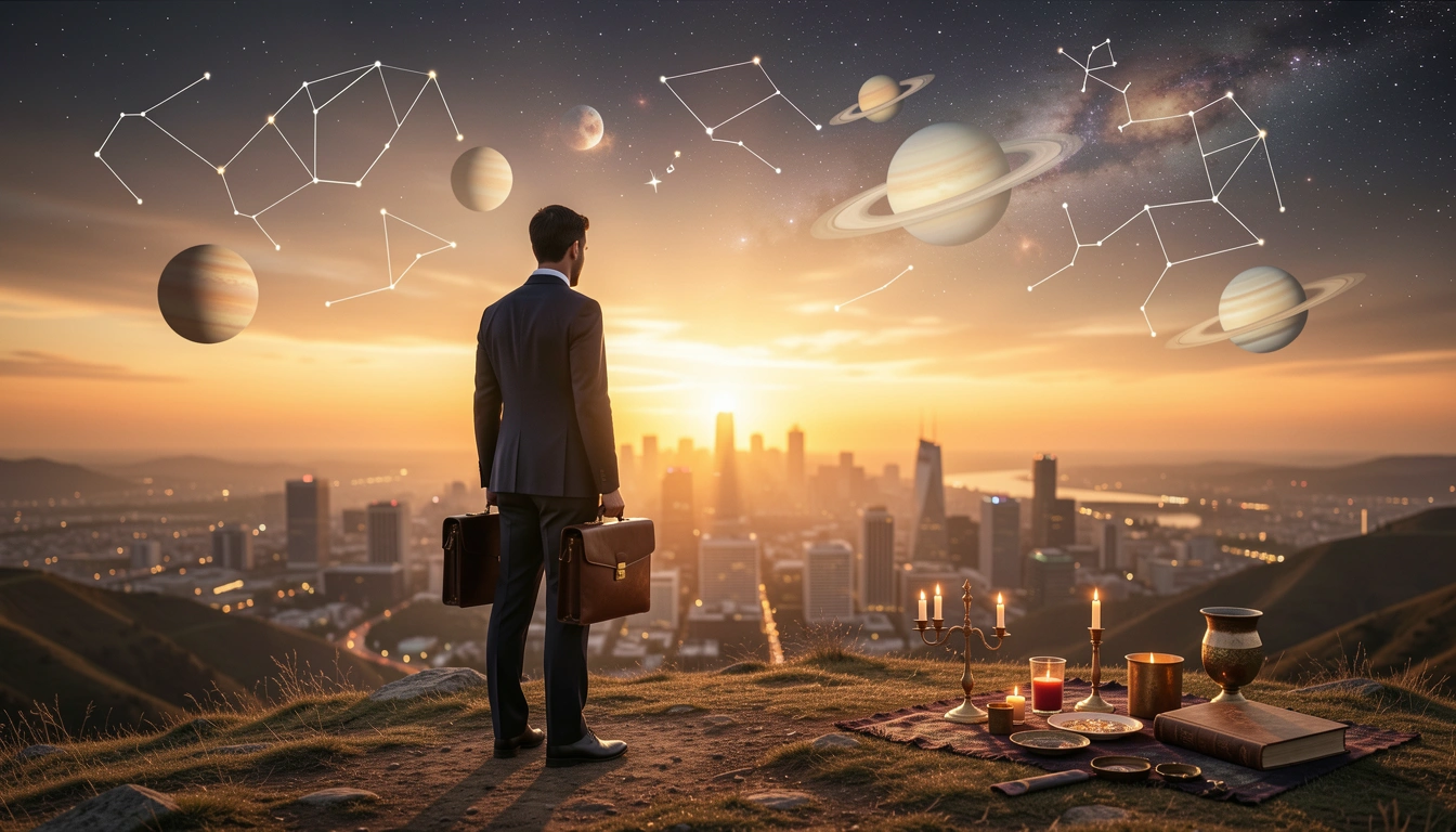 Person in a suit on a hilltop looking at a city skyline at sunrise.