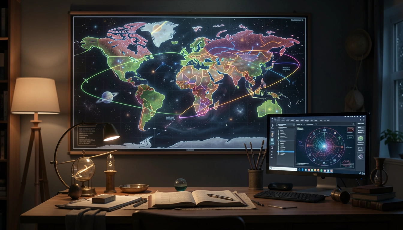 Person pointing at a glowing astrocartography map with a relocation chart on a computer.