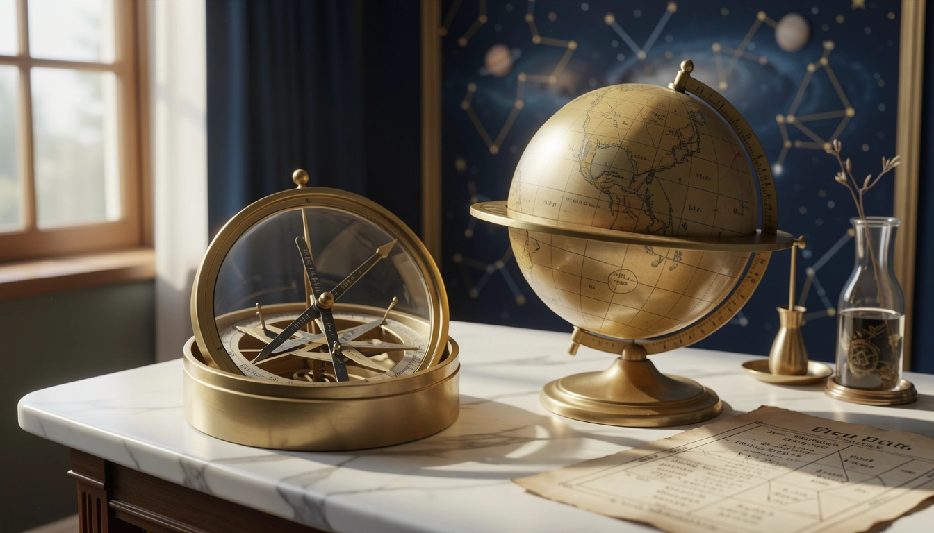 Brass astrolabe and celestial globe on marble with house division chart.