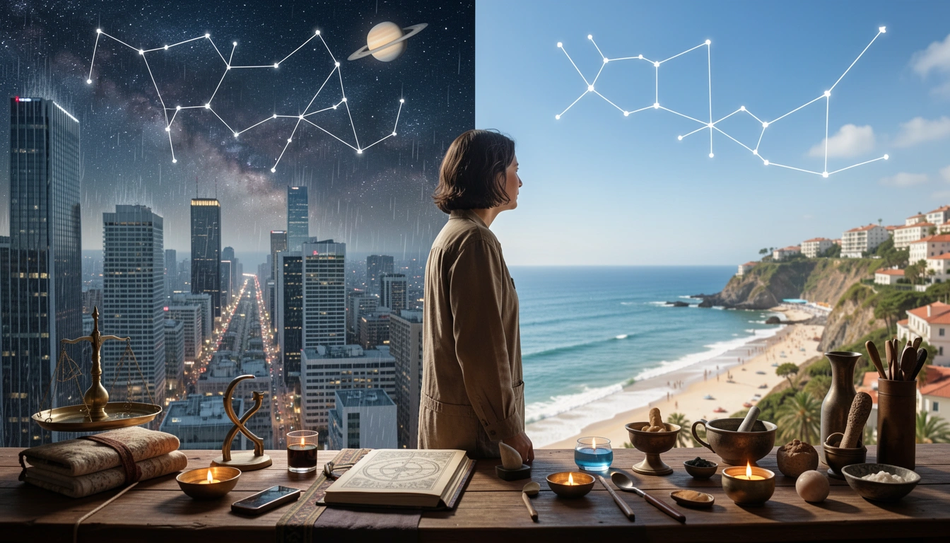 Split scene of a person in two different cities with the same constellation above.