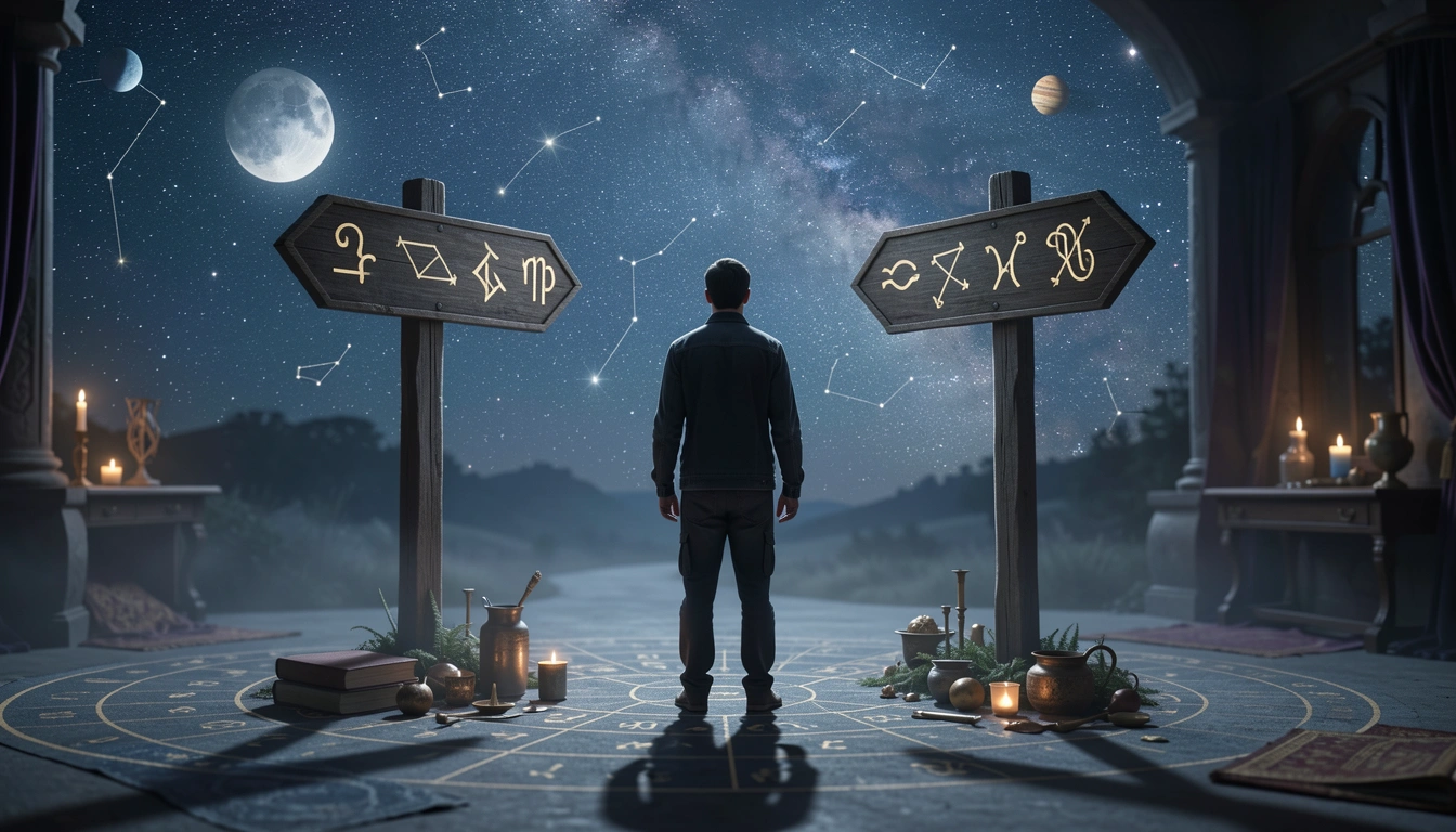 Person at a crossroads under a starry sky with zodiac signs on signs.