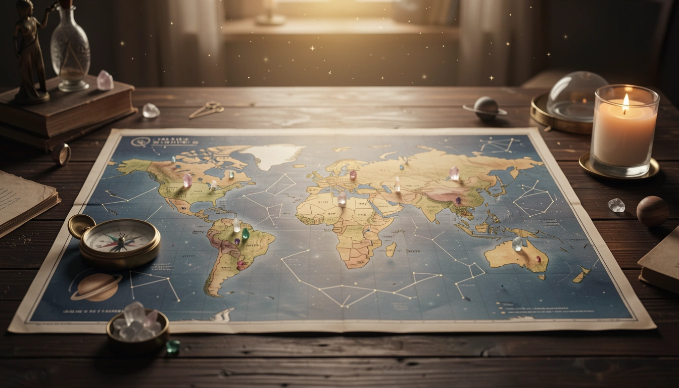 World map with crystals on cities, compass and candle.