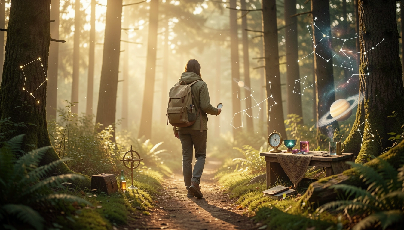 Winding forest path at dawn, person walking with a compass, golden sunlight, sense of journey.