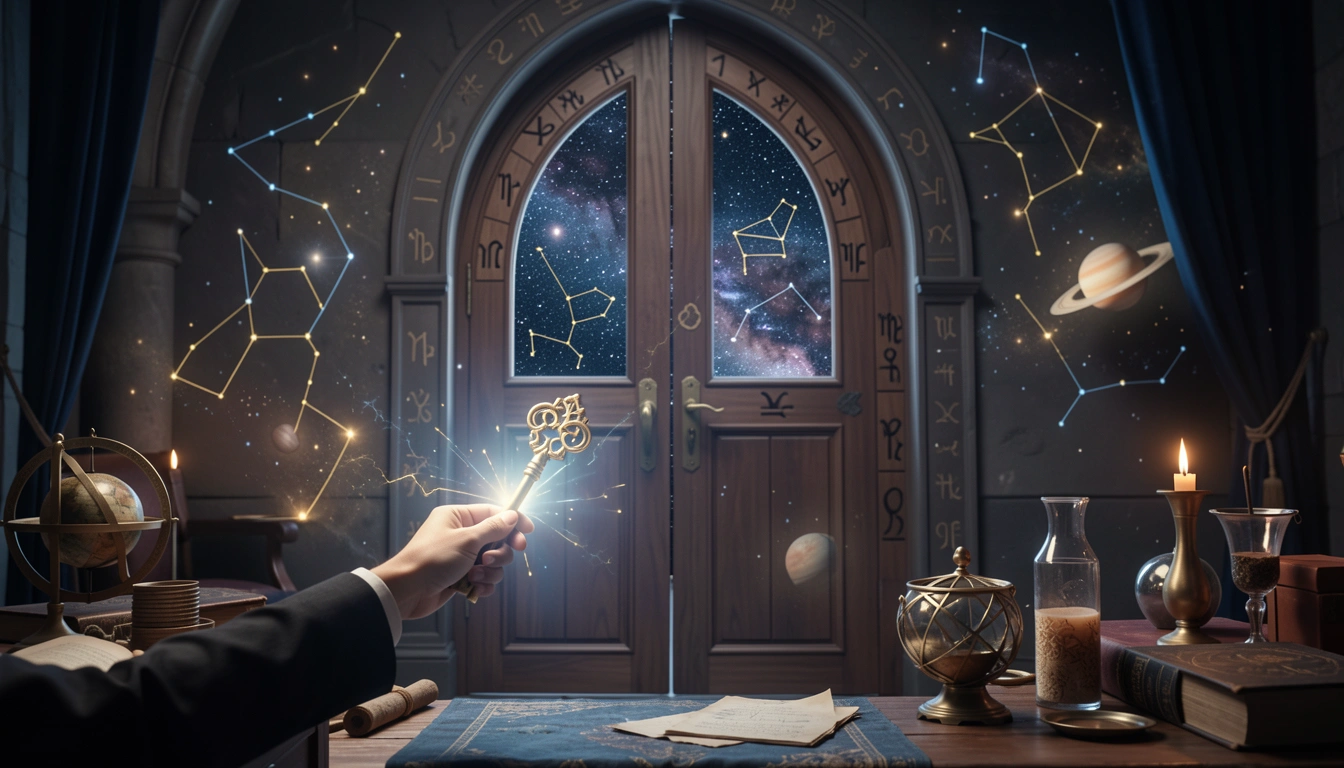 Person holding a glowing key before a carved astrological door, starry sky beyond, mystical lighting.