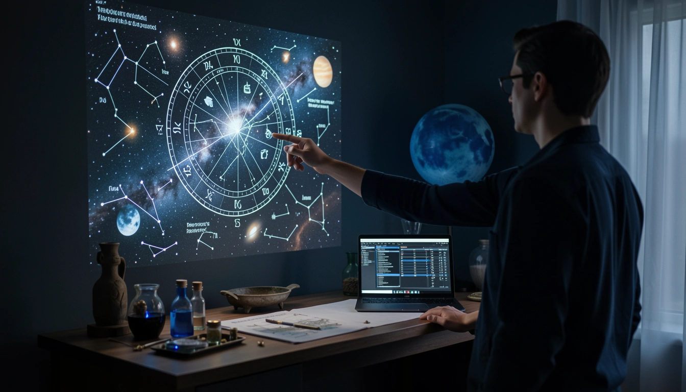 Astrological chart projected on a wall, person pointing at it, laptop on desk, modern analytical setting.