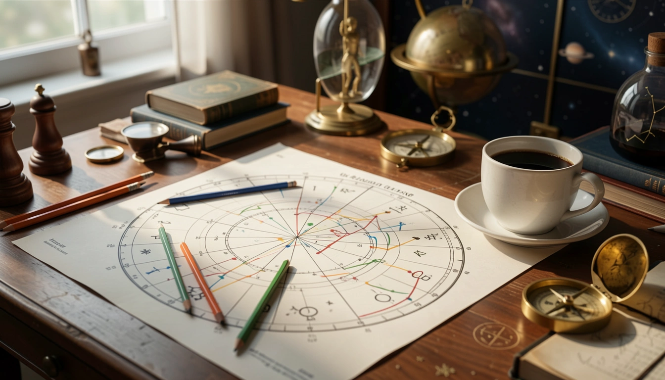Astrologer's workspace with a printed birth chart, colored pencils, brass compass, and coffee, natural window light.