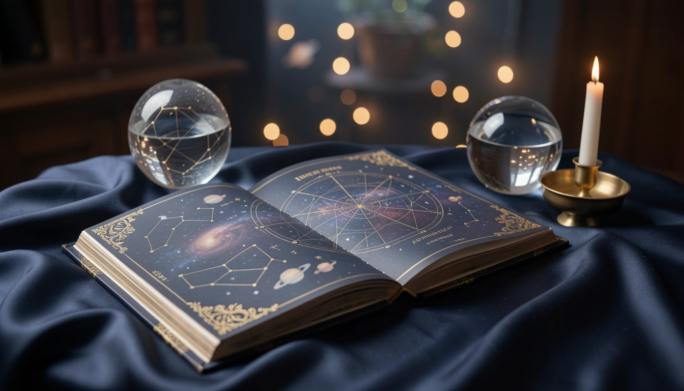 Open premium birth chart report on silk cloth with gold foil, crystal sphere and candle, luxurious mystical setting.