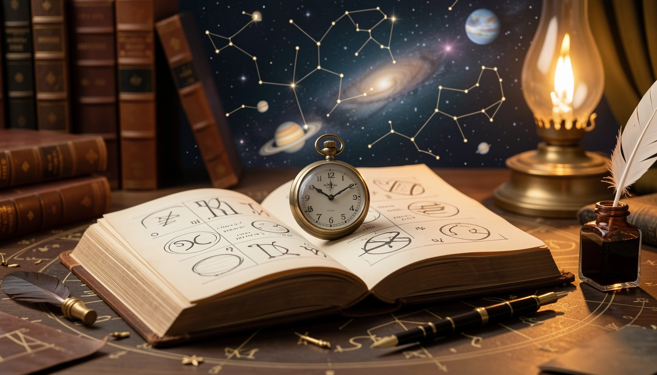 Open leather book with astrological symbols, pocket watch, quill pen, oil lamp, scholarly vintage aesthetic.