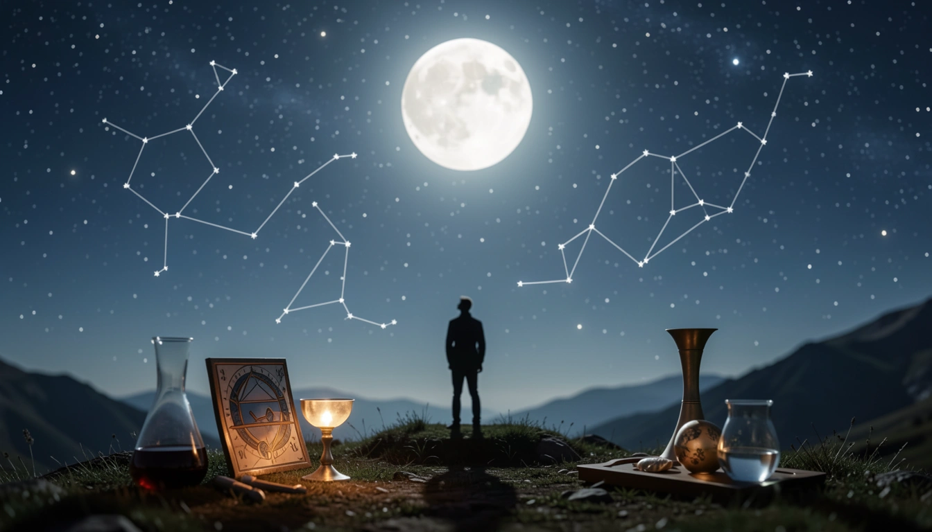 Night sky with full moon and stars, silhouetted person on a hill, zodiac constellation outlines.