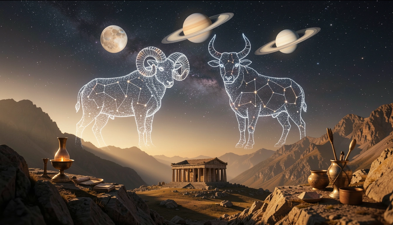 Star constellations of Aries and Taurus in a night sky with Saturn and Uranus glowing above a mountain temple