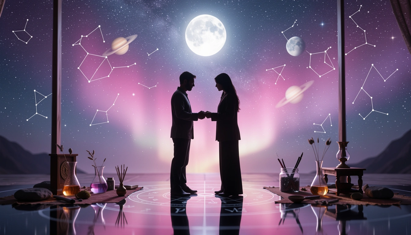 Two silhouettes facing each other under a bright Venus and aurora-lit sky