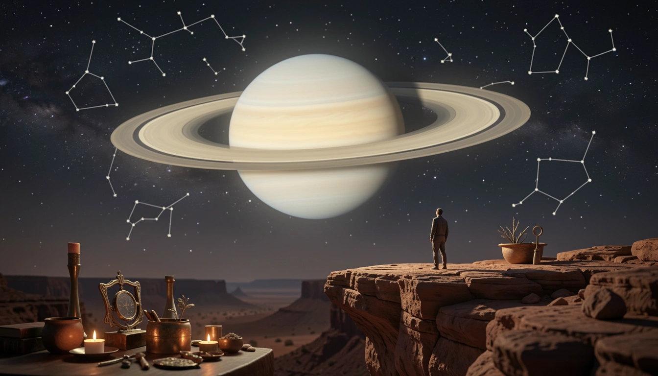 Saturn glowing in the night sky over a rocky desert with a lone figure on a cliff