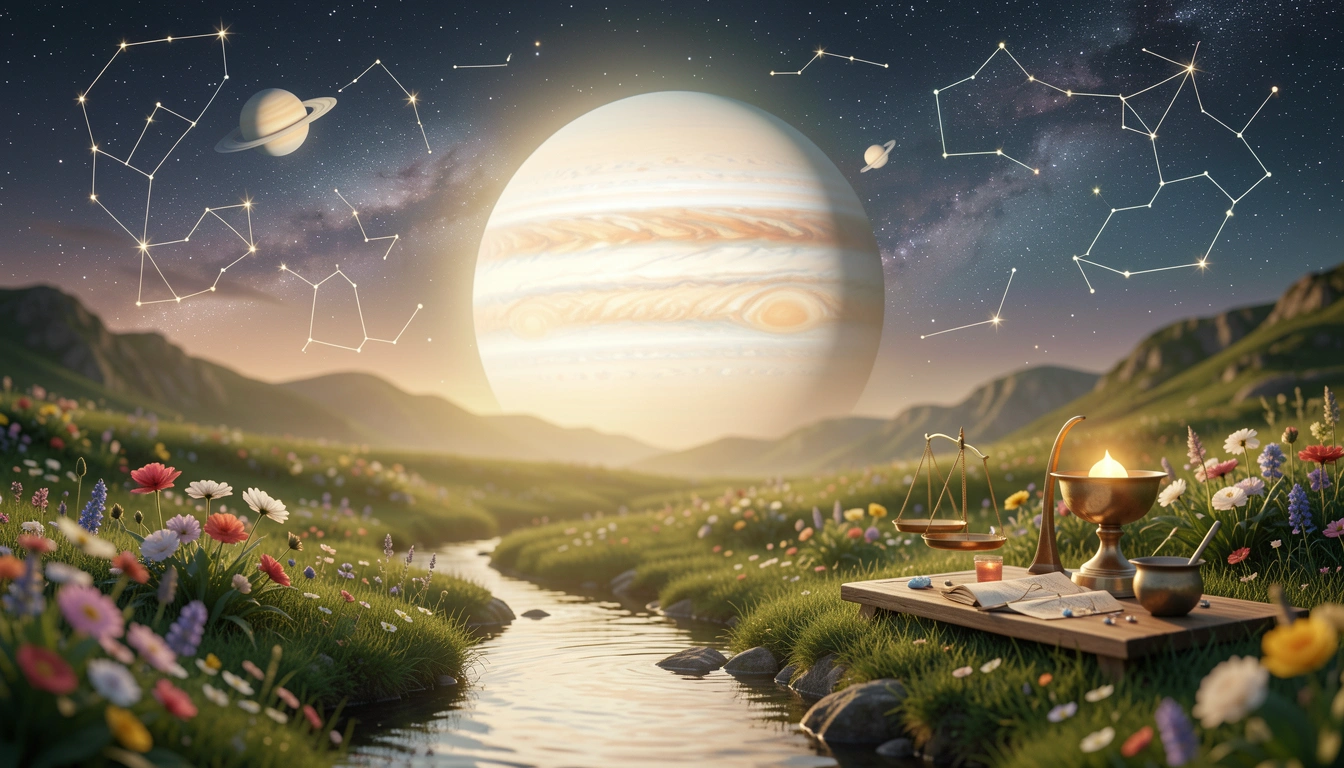Jupiter glowing in a twilight sky over a lush green landscape with flowers and a stream