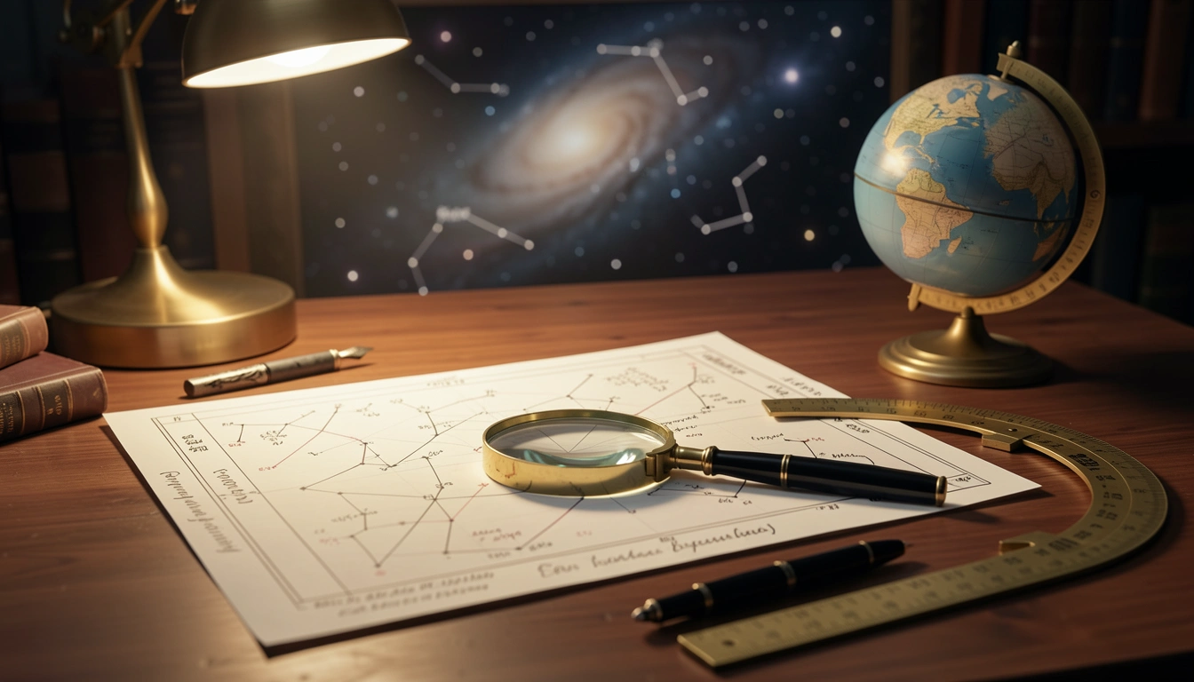 Astrological chart printout with handwritten notes, magnifying glass, fountain pen, and brass protractor
