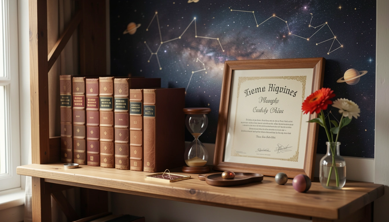 Wooden shelf with leather books, hourglass, framed certificate, and a fresh flower in a vase