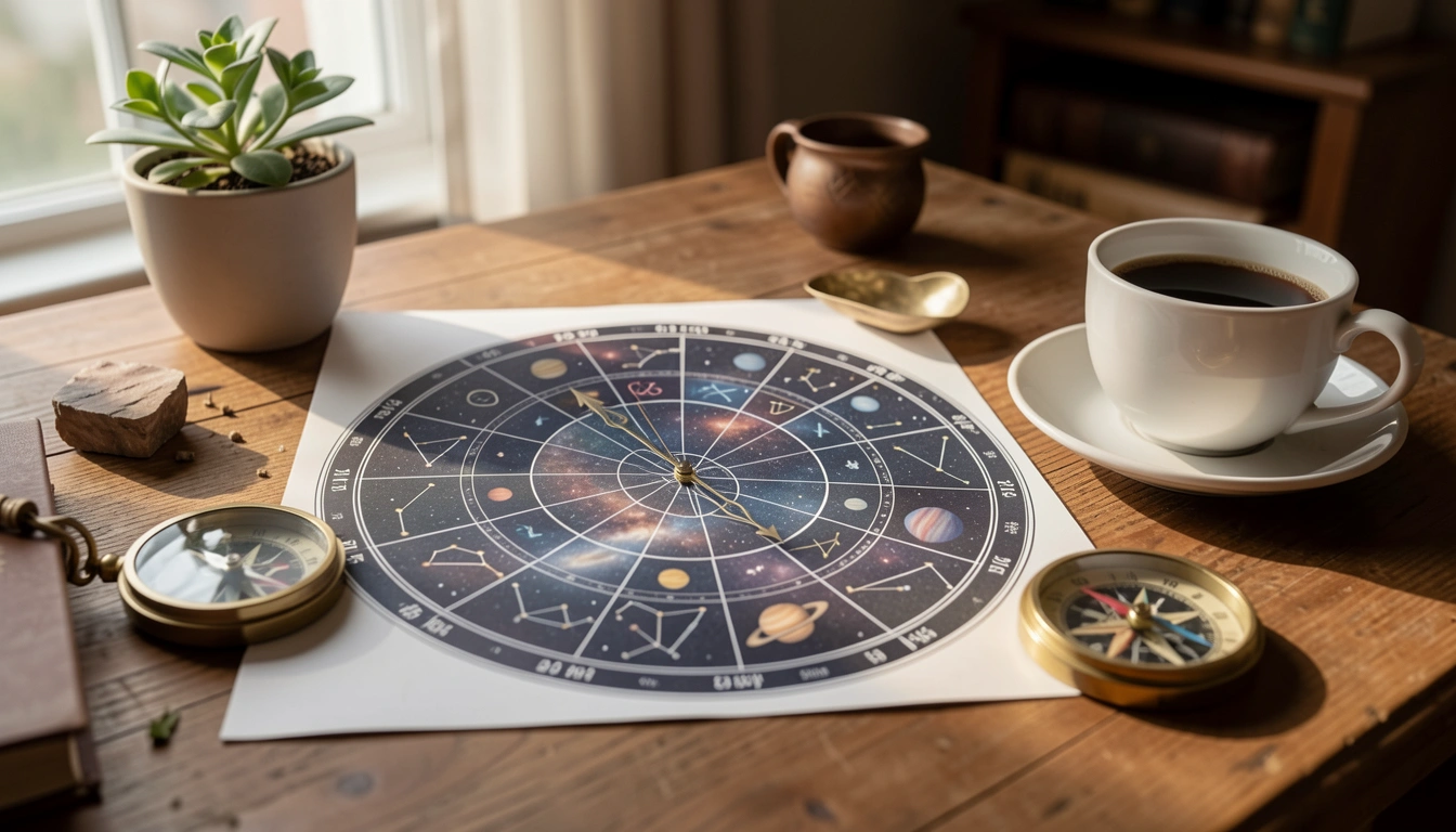 Printed natal chart wheel on a wooden desk with coffee cup and brass compass