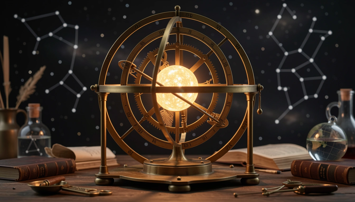 Antique brass orrery with glowing sun and planetary arms against a dark starry background