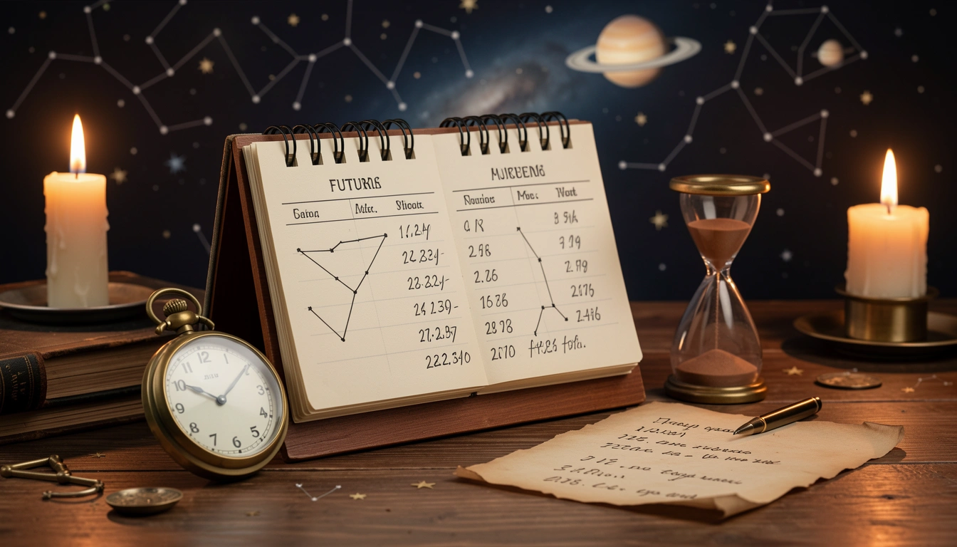 Open desk calendar with brass pocket watch, hourglass, and handwritten dates on parchment