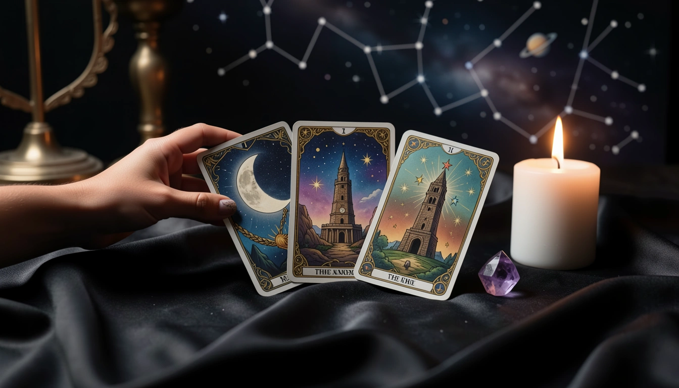 Hand fanning three tarot cards on black silk with candle and amethyst crystal